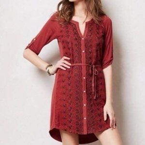 Anthropologie Tiny red embroidered button down shirt dress. Size Small